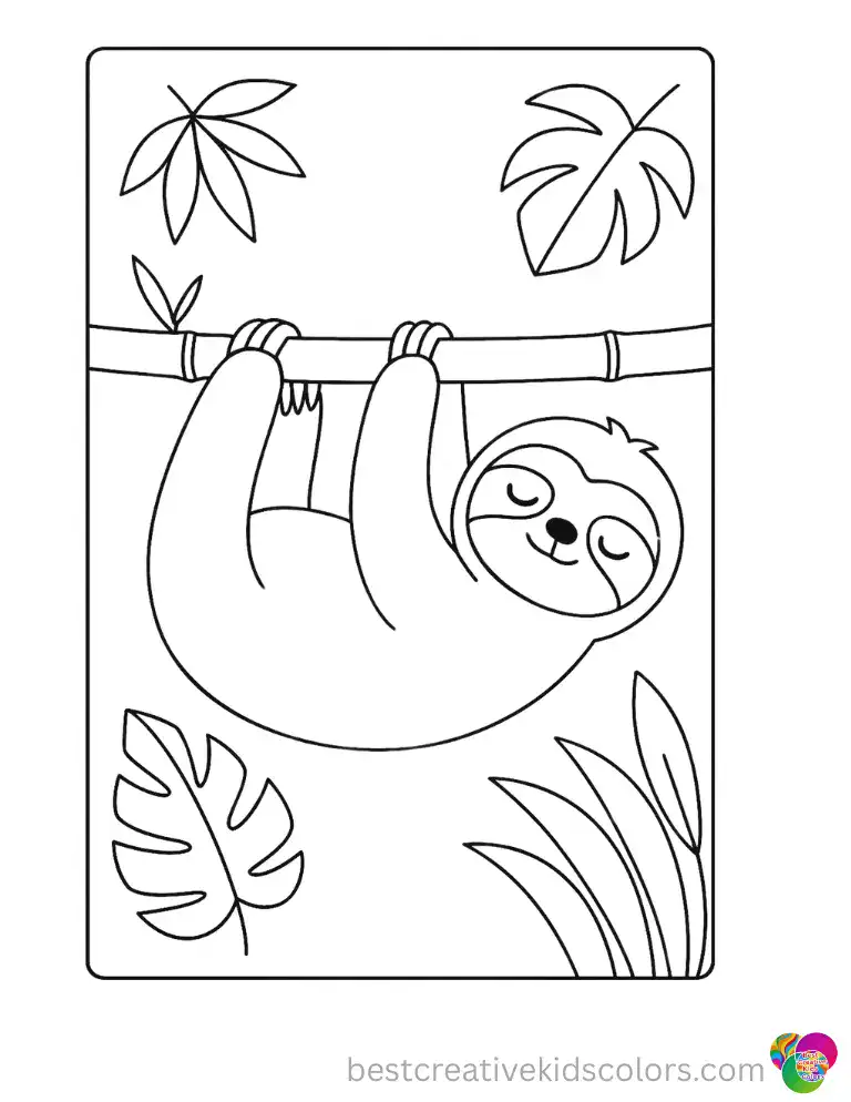 This gentle sloth naps upside down on a bamboo stalk deep in the rainforest. Teachers can print a class set or assign it through Color Online.