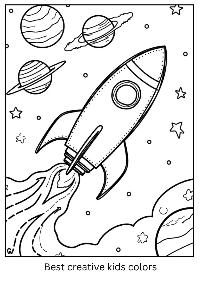 Solar System Coloring Page with Rocket Passing By