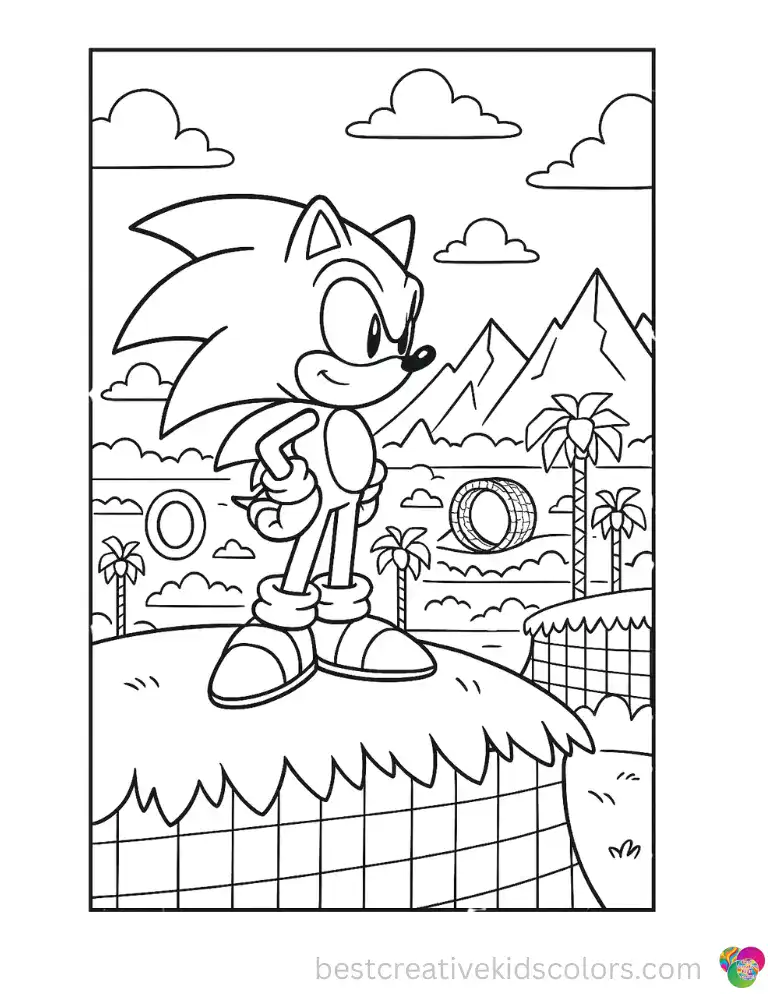 Sonic stands on a hill, taking in the view of Green Hill Zone below.