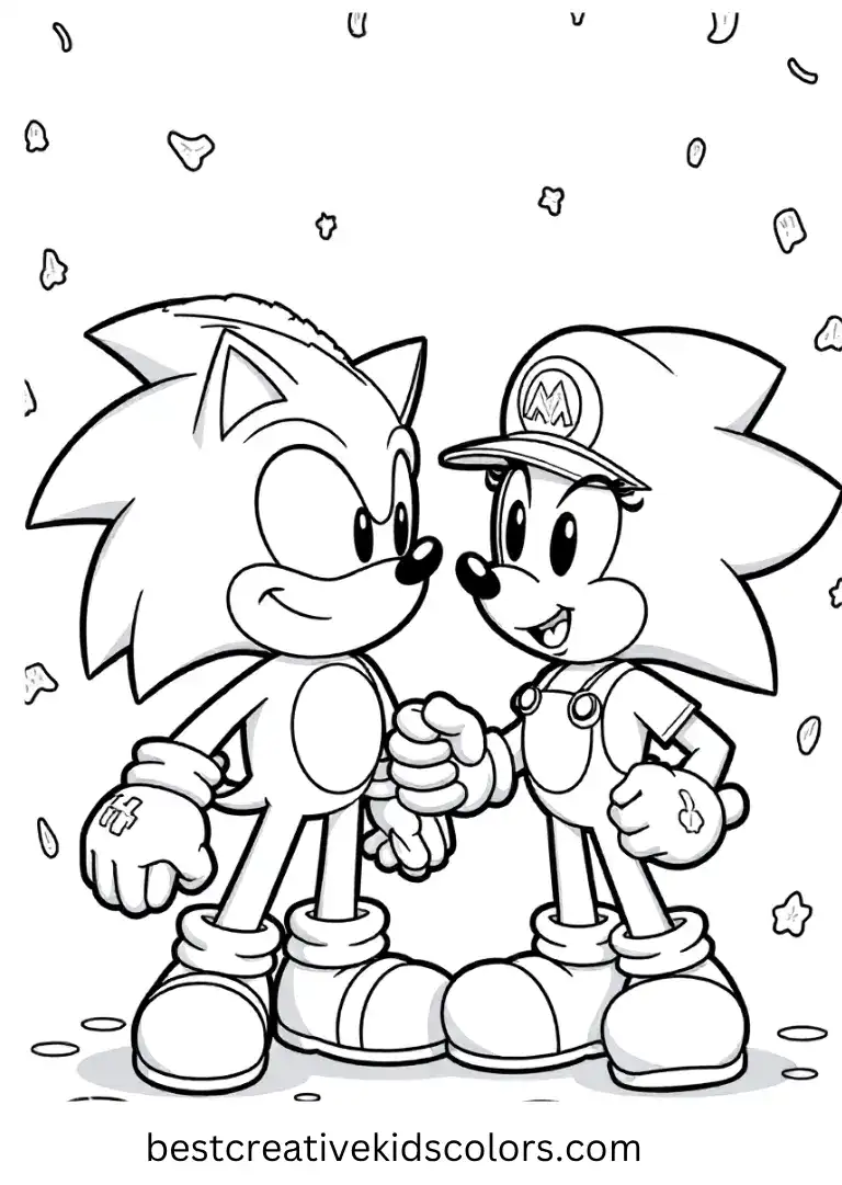 Sonic and Mario celebrate with balloons, confetti, and cheerful games.