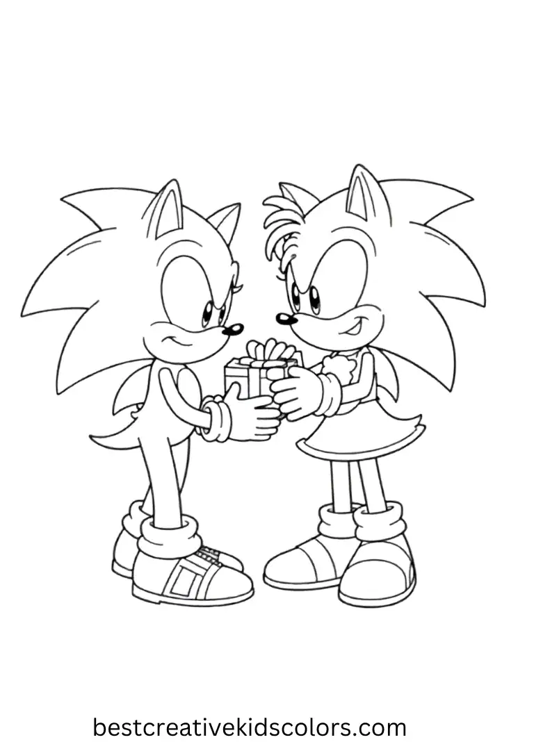Amy hands Sonic a little gift, and Sonic smiles with surprise and joy.