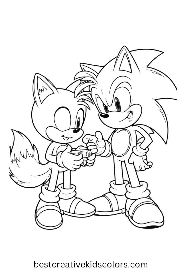 Tails repairs his gadget while Sonic watches, ready for their next fun race.