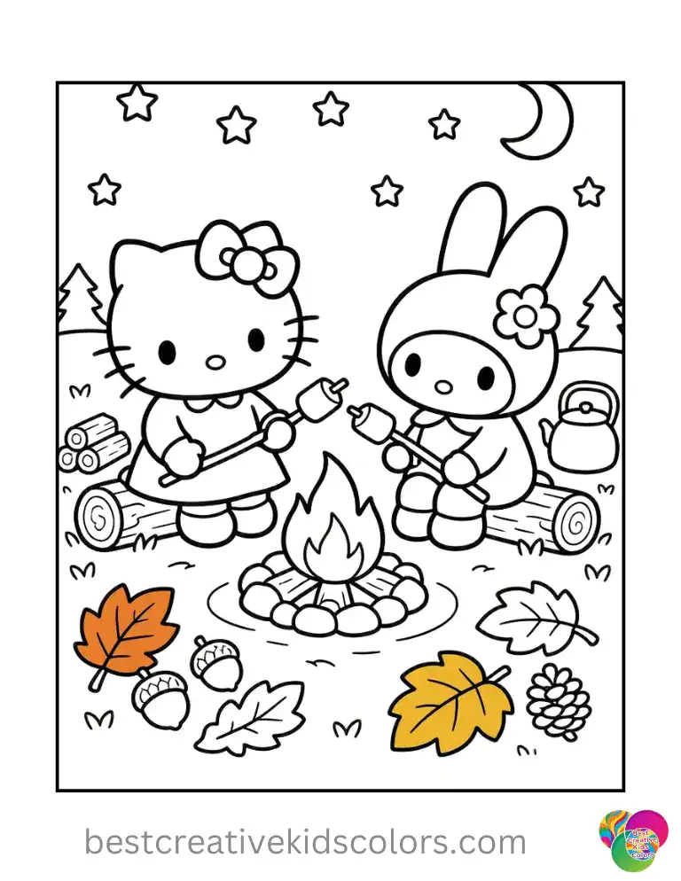Hello Kitty and My Melody toast marshmallows over a crackling campfire surrounded by fallen autumn leaves.