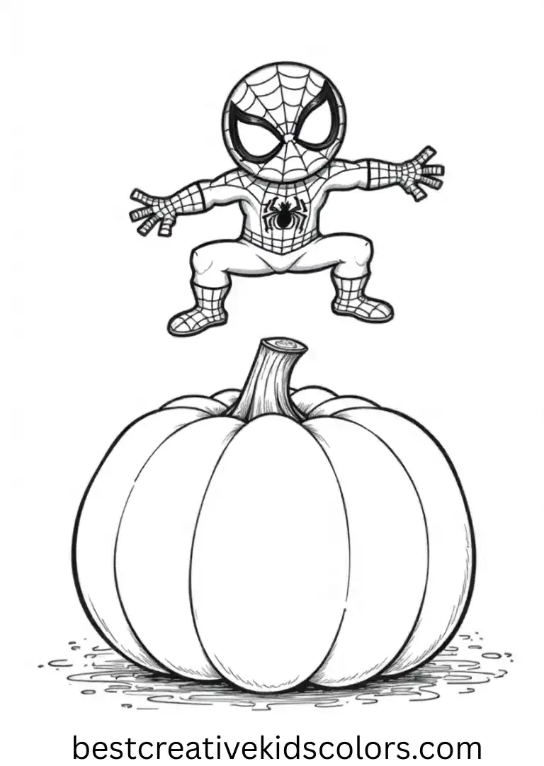 Spider-Man balances on a giant pumpkin in Spider-Man Halloween coloring pages with a minimal background.