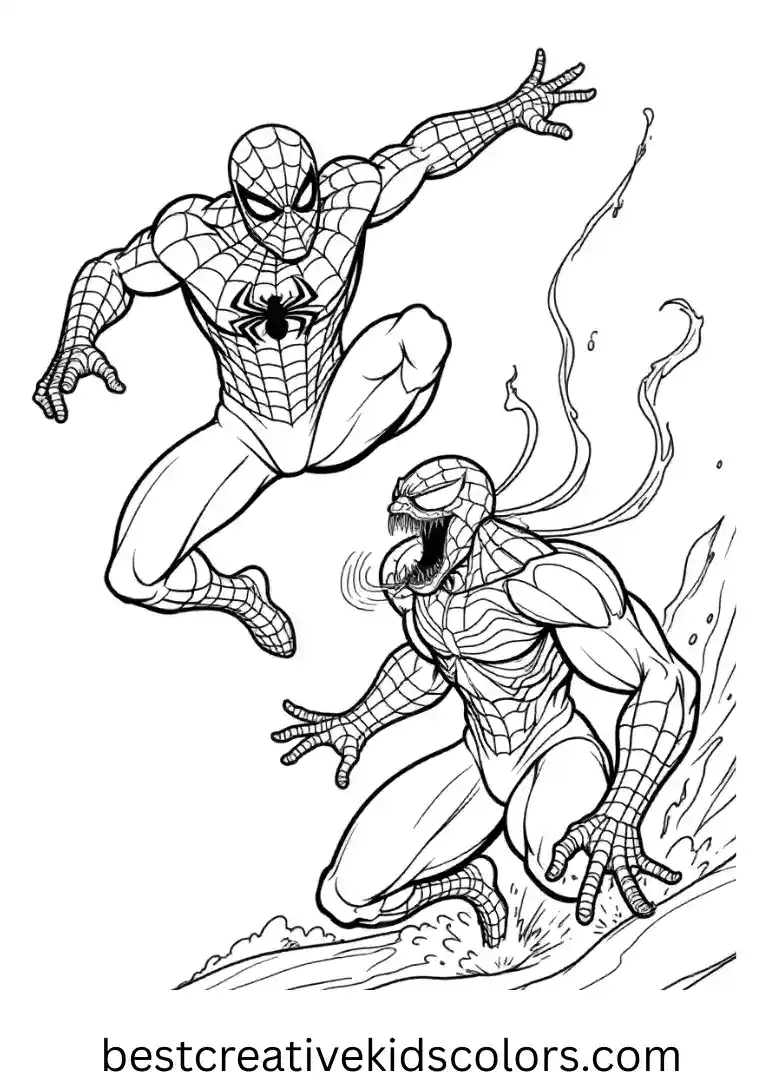 A web-slinging jump freezes midair in Spiderman and venom coloring page pdf free download with empty space.