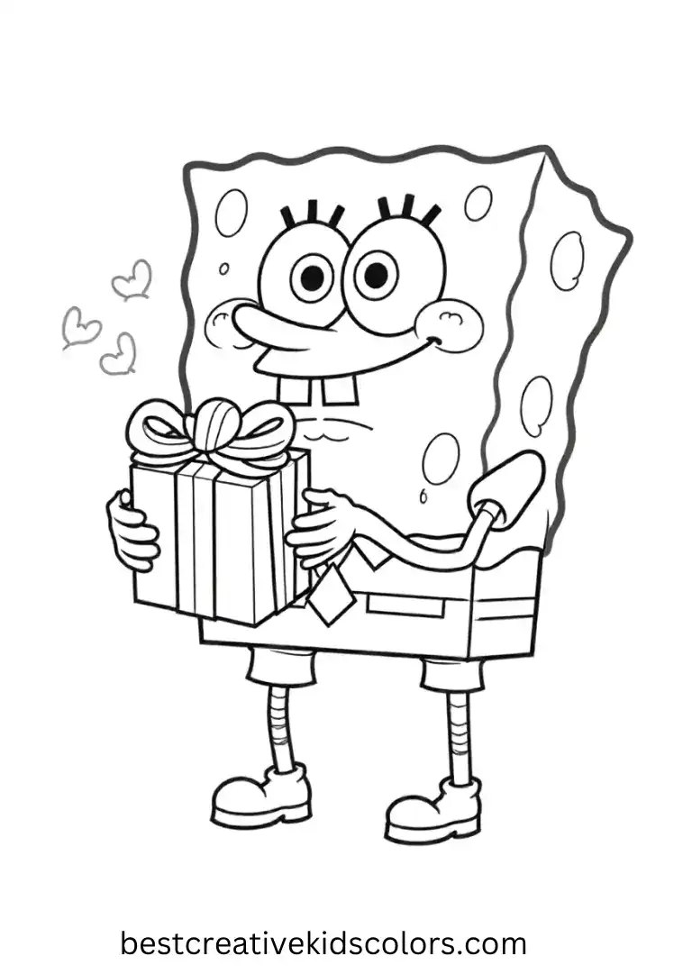 SpongeBob holds a wrapped gift, spreading holiday cheer in this fun printable page.