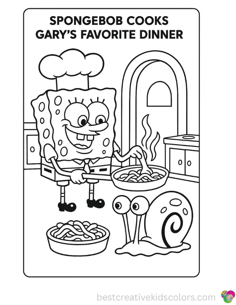 SpongeBob lovingly prepares Gary's favorite coral-kelp dinner in the pineapple house kitchen. A cozy, gentle scene — free to color online, no signup required.