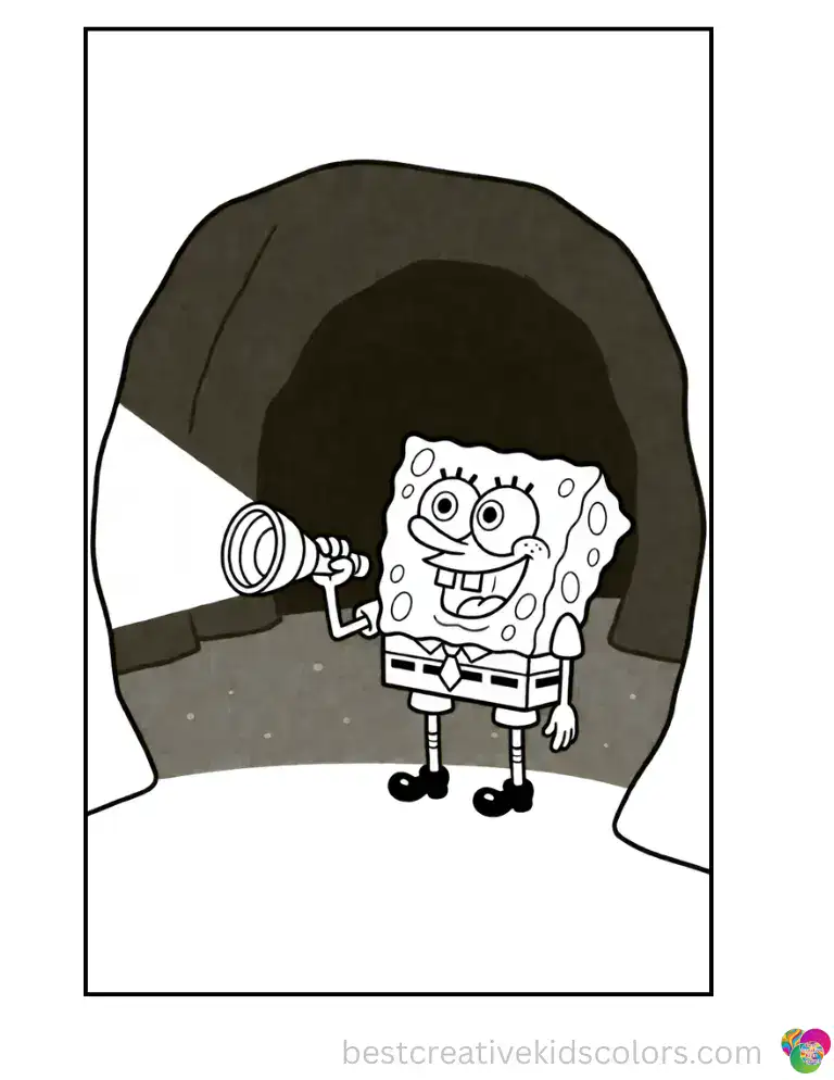SpongeBob bravely explores a deep, dark sea cave with only his trusty flashlight for light. Deep Indigo gives this one a moody feel — color online for free.