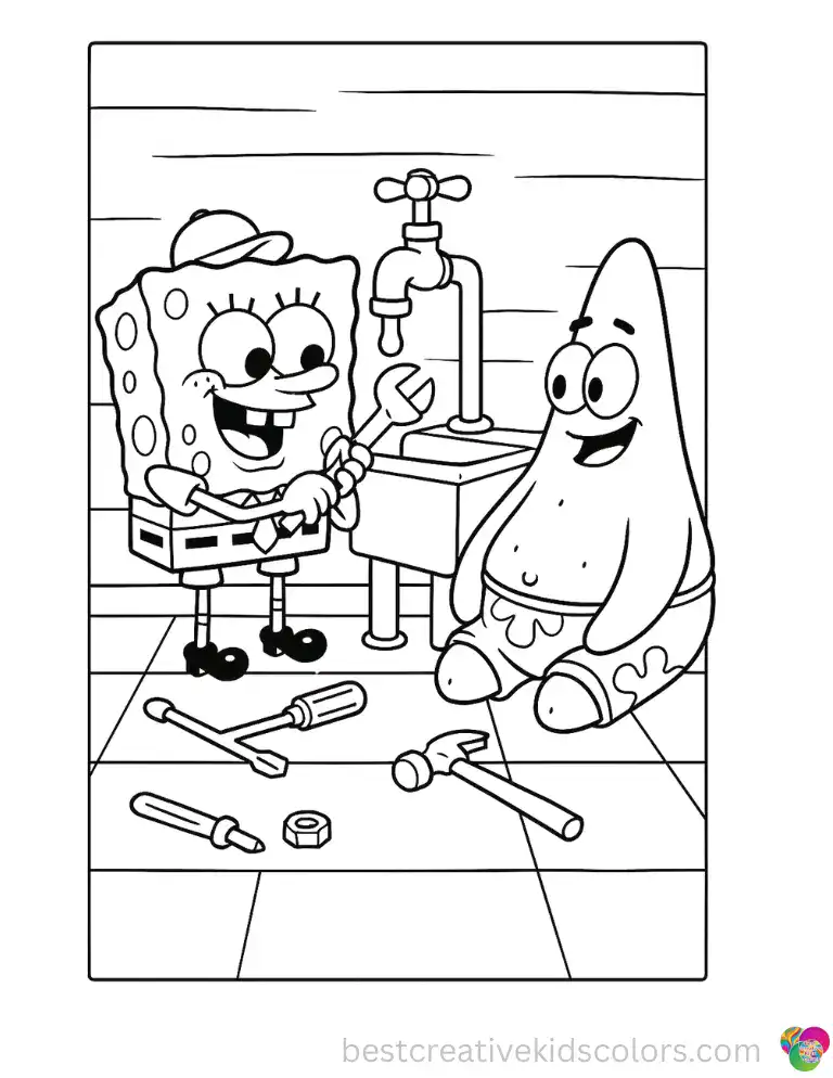 SpongeBob and a friend work together to fix the Krusty Krab's leaky faucet, tools scattered around them. Color online or color it on paper after downloading the PDF.
