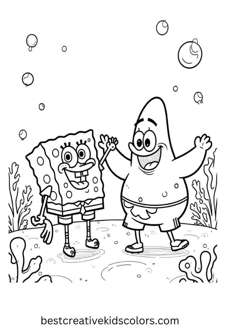 A joyful dance underwater with SpongeBob and Patrick surrounded by bubbles and coral.