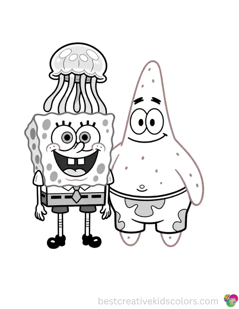 SpongeBob and Patrick catch jellyfish side by side, the picture of best-friend teamwork. Color this duo scene online using bright palettes, then download as PNG to share.