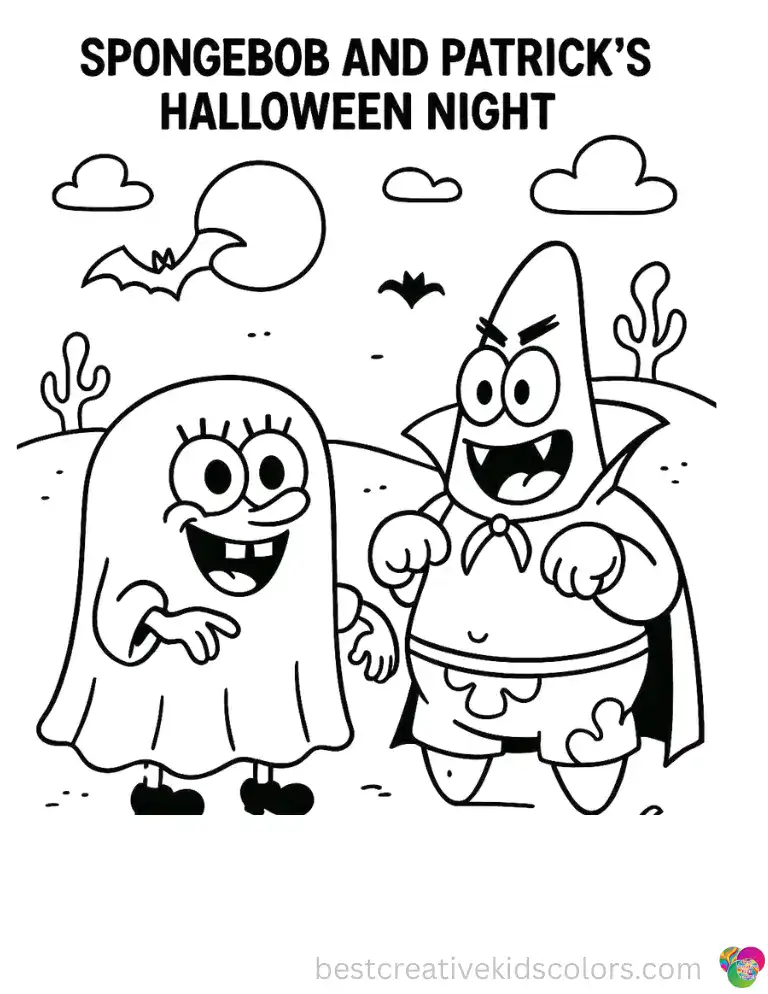 SpongeBob dresses up as a ghost while Patrick wears his own spooky costume for a Bikini Bottom Halloween night. The Spooky Palette is perfect for this one, color online for free.