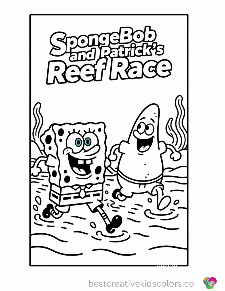 SpongeBob races Patrick to the end of the reef, both grinning as they kick through the water. A fun action scene to color online, free and with no signup needed.
