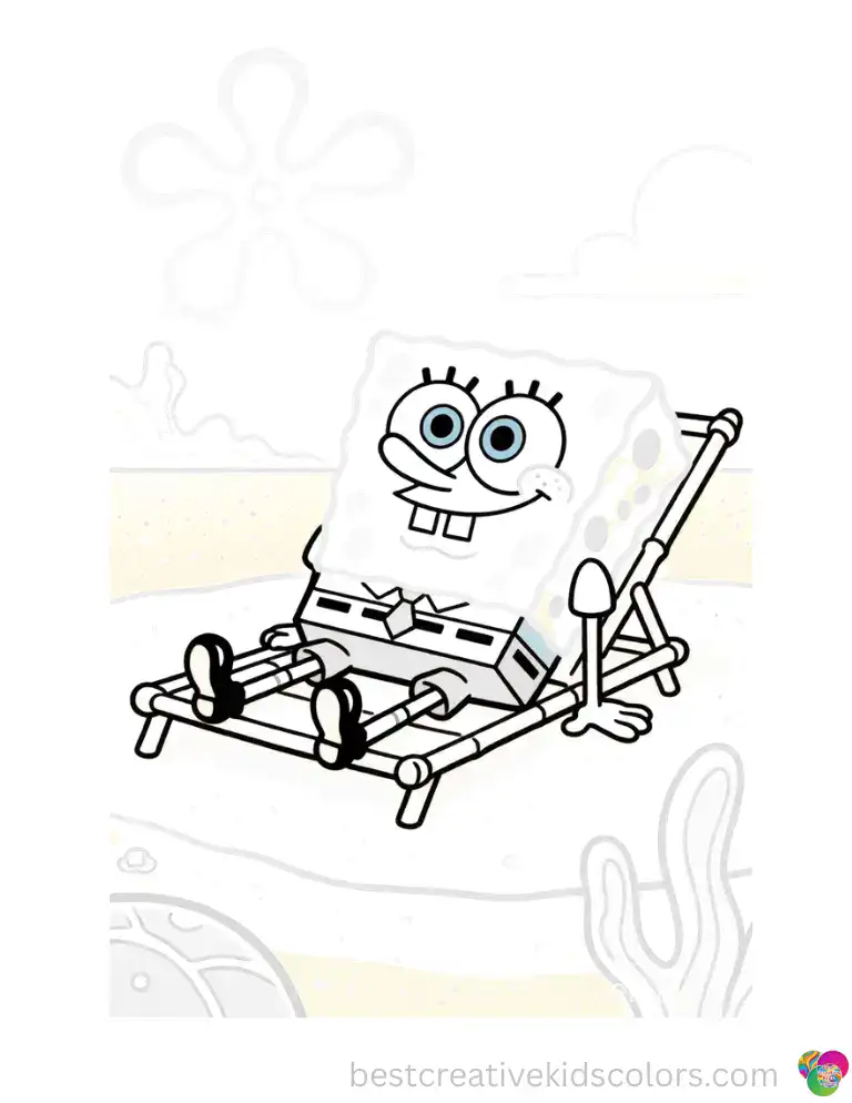 SpongeBob lounges at Goo Lagoon on a hot summer day, soaking up the sun. Warm Oranges and Golden Yellows fit this beach scene — color online, available as a printable sheet too.