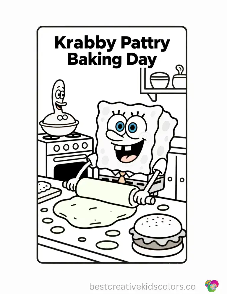 SpongeBob rolls out dough for his famous secret Krabby Patty recipe in the Krusty Krab kitchen. Warm Oranges and Golden Yellows suit this baking scene nicely, free to color online.