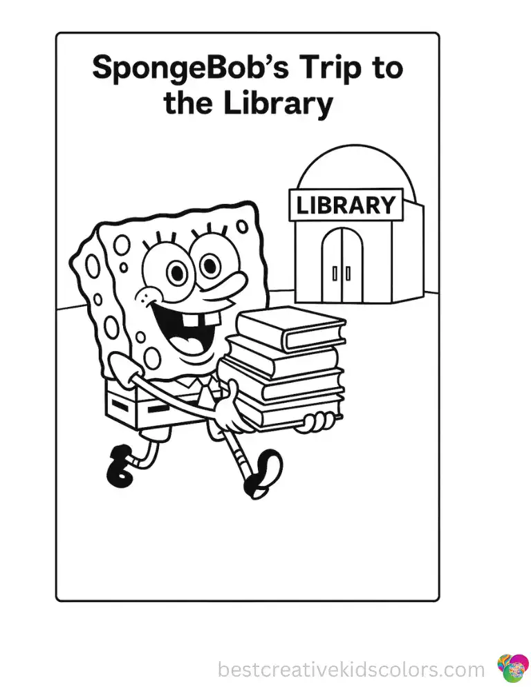 SpongeBob visits the Bikini Bottom Library, arms full of books he's excited to read. Color online or print this one — both options are completely free.