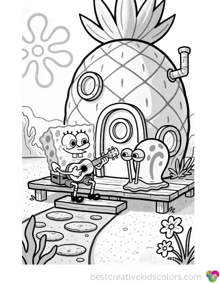SpongeBob plays his ukulele for Gary on the porch of the pineapple house, a peaceful evening moment. A calm scene to color online with Soft Pinks & Roses.