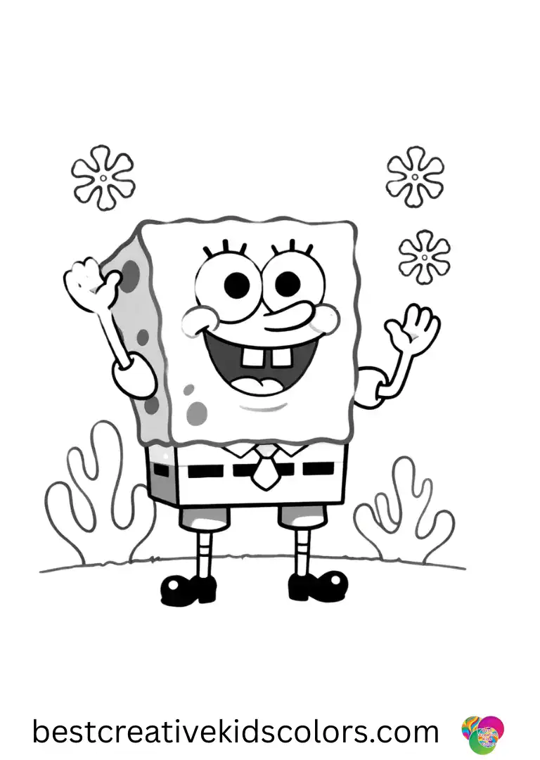 Spongebob colouring pages free pdf shows SpongeBob juggling tiny snowflake shells across coral columns.