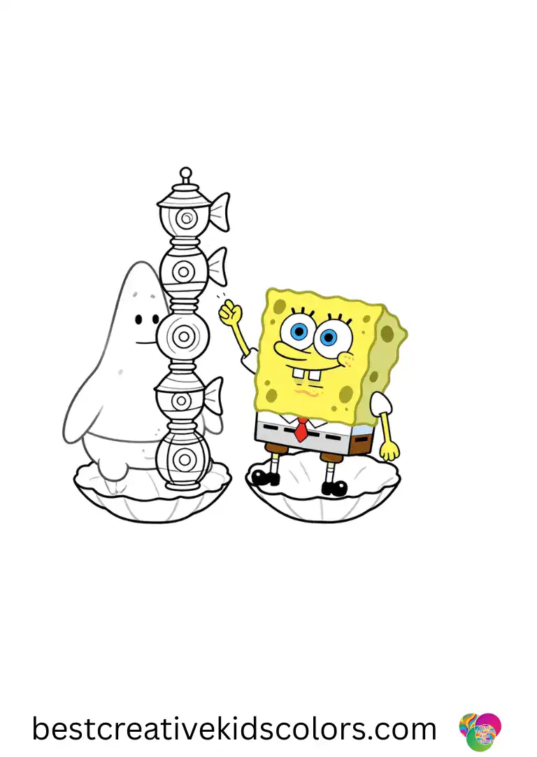Spongebob patrick coloring pages easy captures SpongeBob and Patrick stacking candy lanterns on shells.