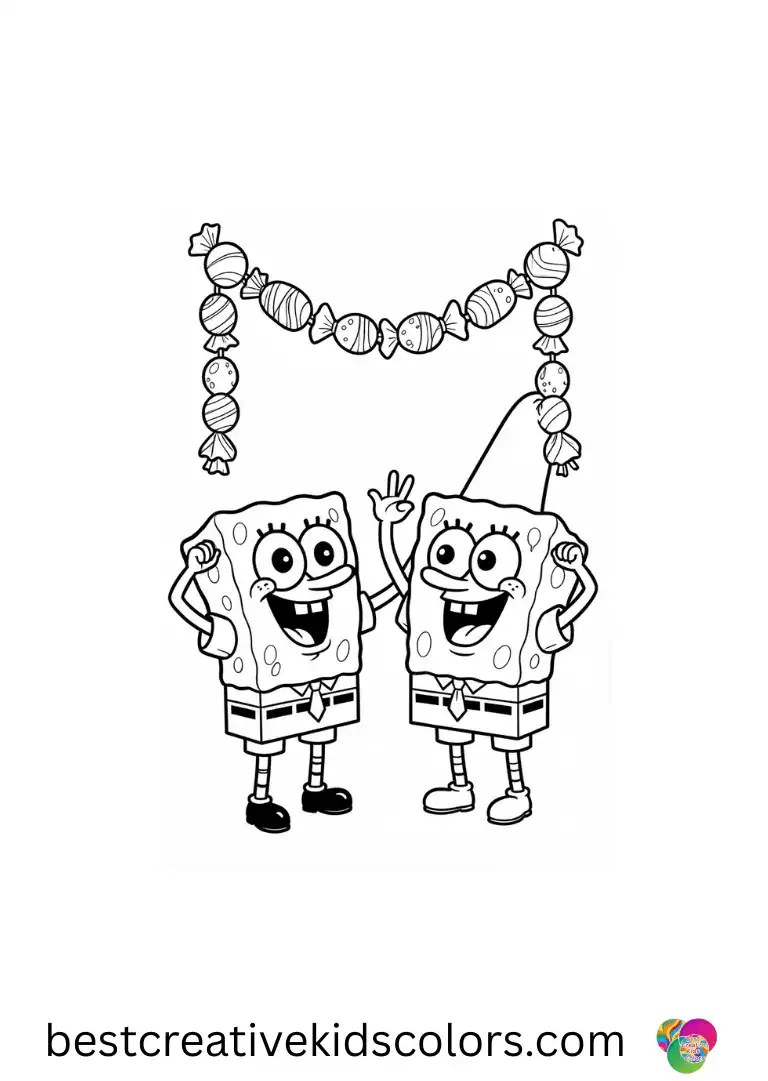 Spongebob patrick coloring pages for adults shows SpongeBob and Patrick arranging floating candy garlands.