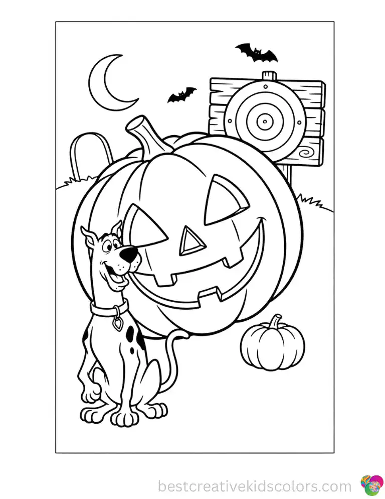 A giant carved pumpkin tumbles past a wooden Halloween target in this spooky Scooby Doo scene