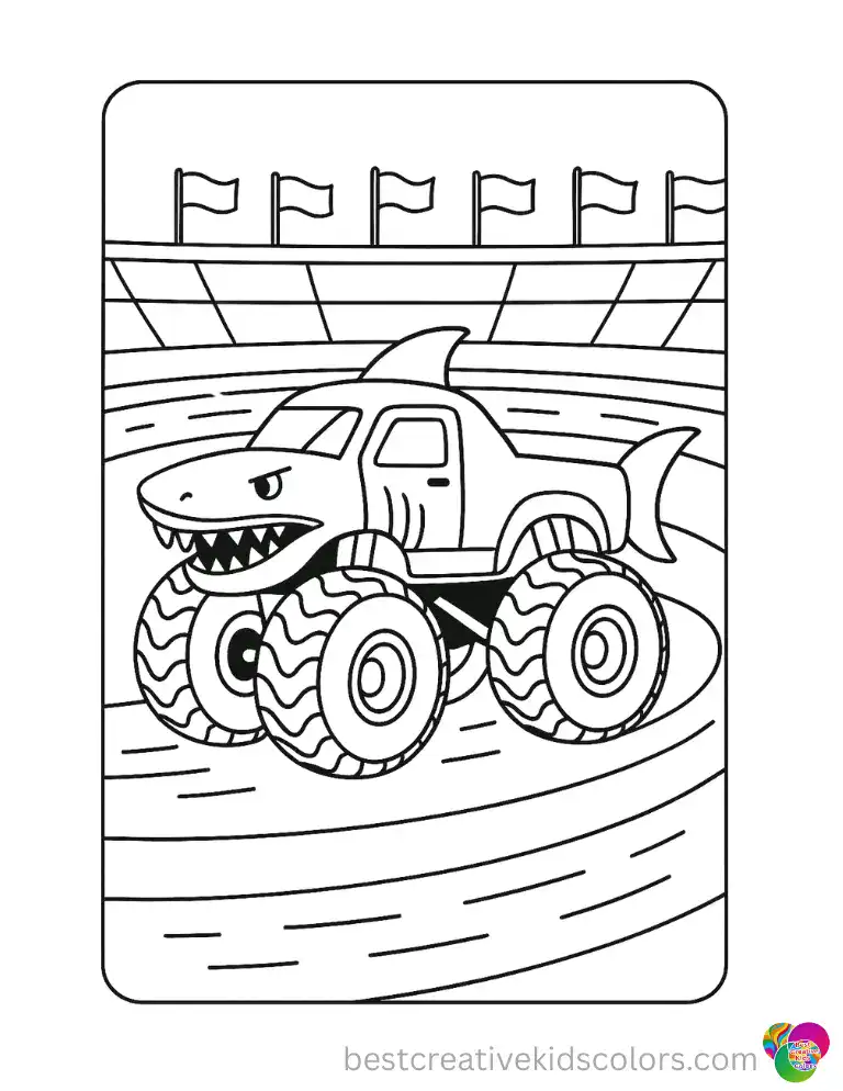 Stadium Track Monster Truck Printable Sheet Featuring a Shark Design