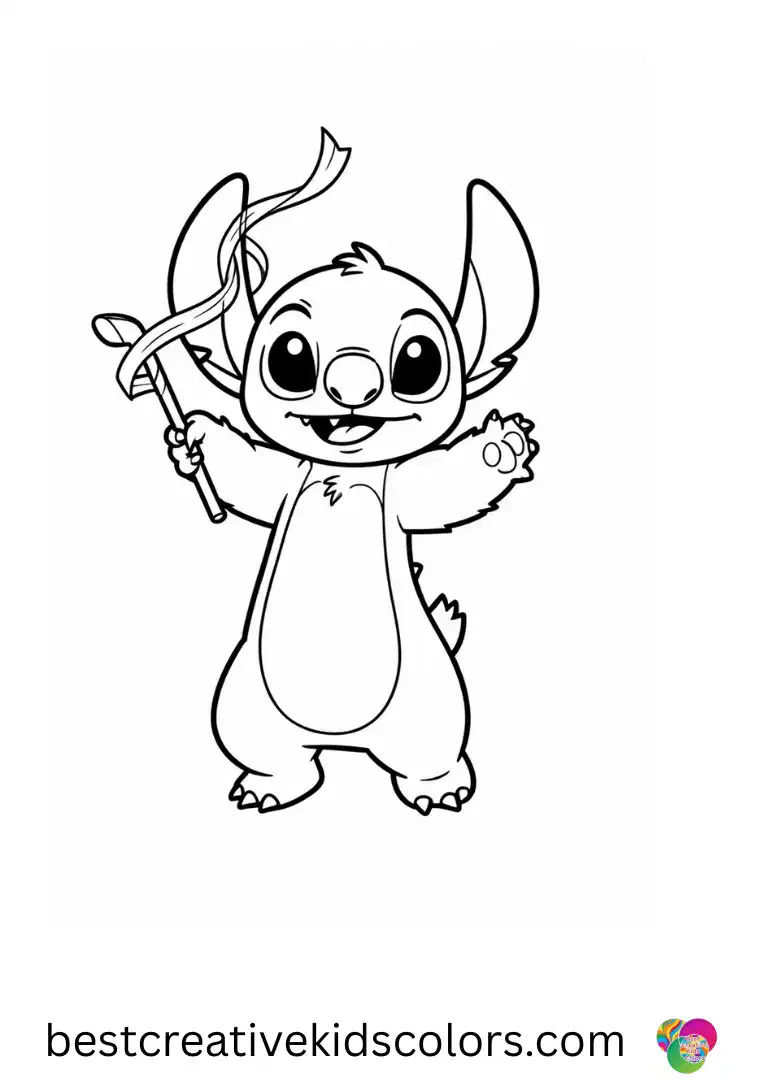 Stitch valentines day coloring pages features Stitch twirling a bright ribbon wand in circles.