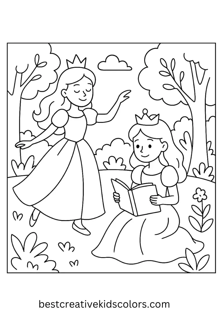 Bring playful princesses dancing and reading in enchanted forest scenes to life.