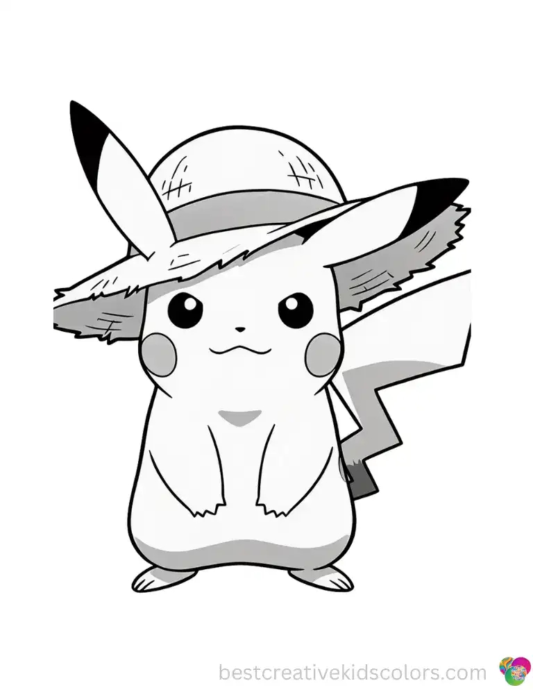 Pikachu balances a giant straw hat on one ear — sharp outlines, nothing behind it but white.