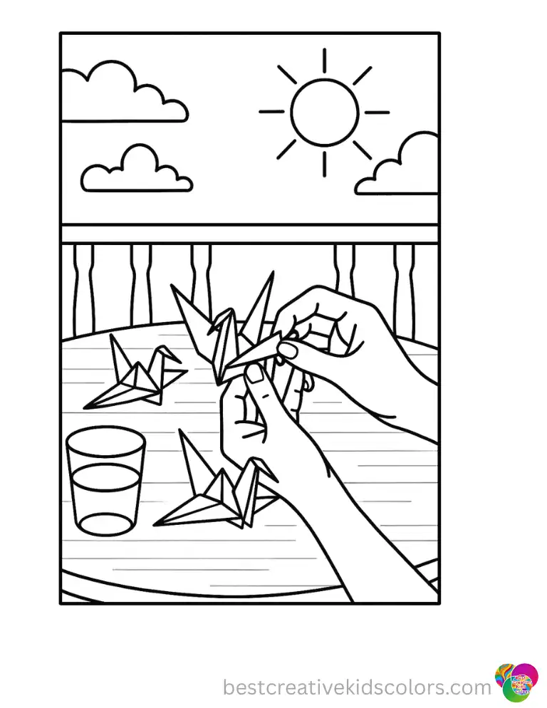 Summer Coloring pages for Adults features hands folding paper cranes on a sunny porch table.