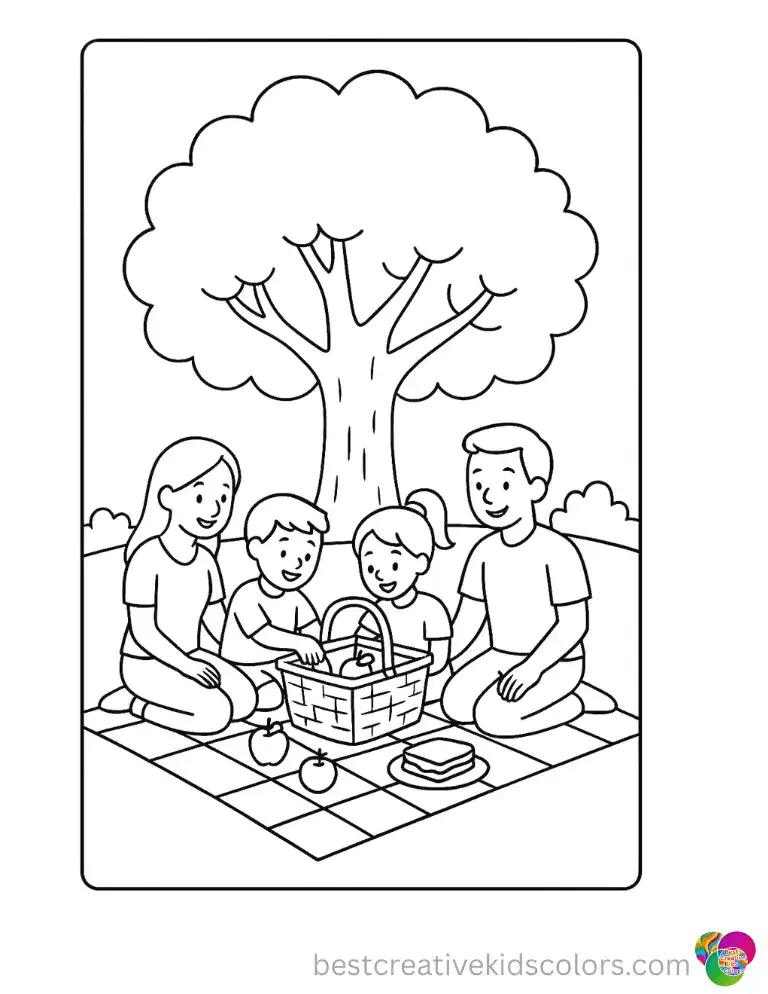 A family spreads a checkered blanket beneath a large oak tree and unpacks a wicker picnic basket.