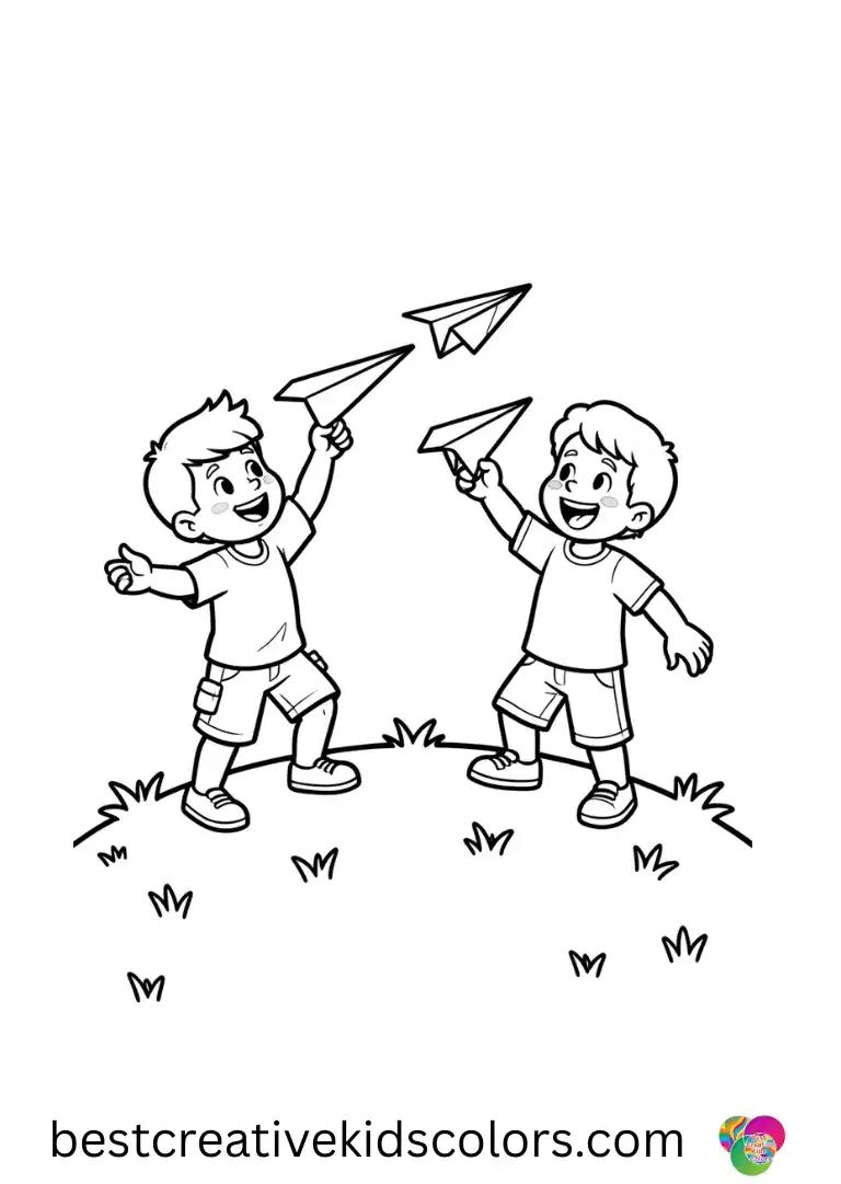 Summer fun color pages for kids shows children flying paper airplanes across a wide grassy hill.