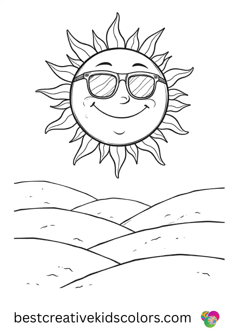 A smiling sun wearing sunglasses and floating above rolling hills appears in Summer fun coloring page easy
