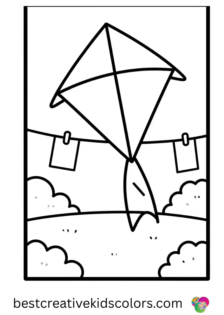 Summer fun coloring page free shows a kite tail clipped along a sunny backyard clothesline.