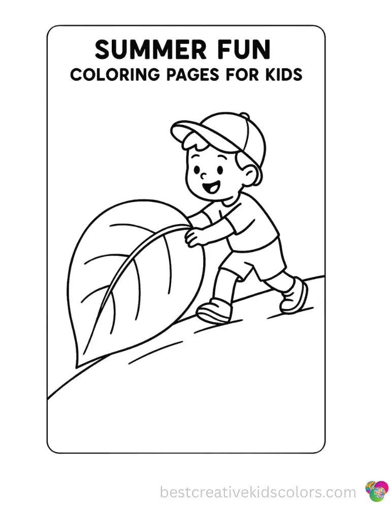 Summer fun coloring pages for kids shows a child rolling a giant leaf down a gentle slope.