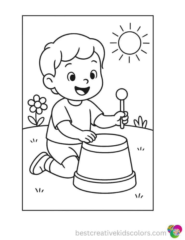 Summer fun coloring pages for toddlers features a child tapping a drum made from a flower pot.