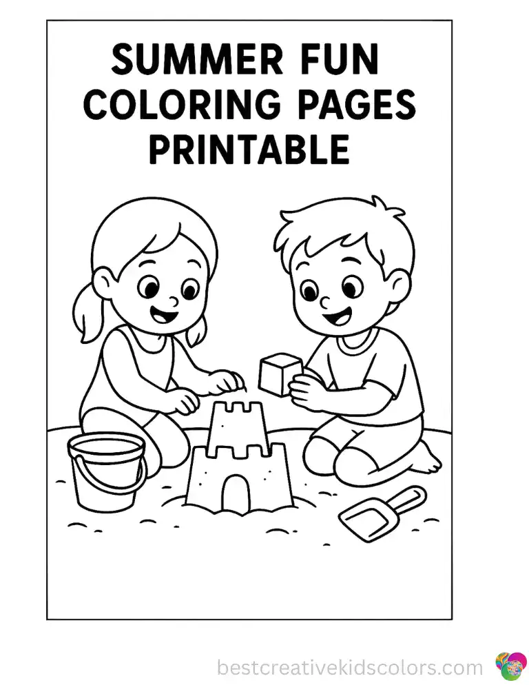 Summer fun coloring pages printable shows children building a small sandcastle with toy molds.