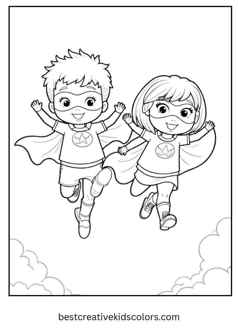 Superhero Kids Halloween Coloring Page
