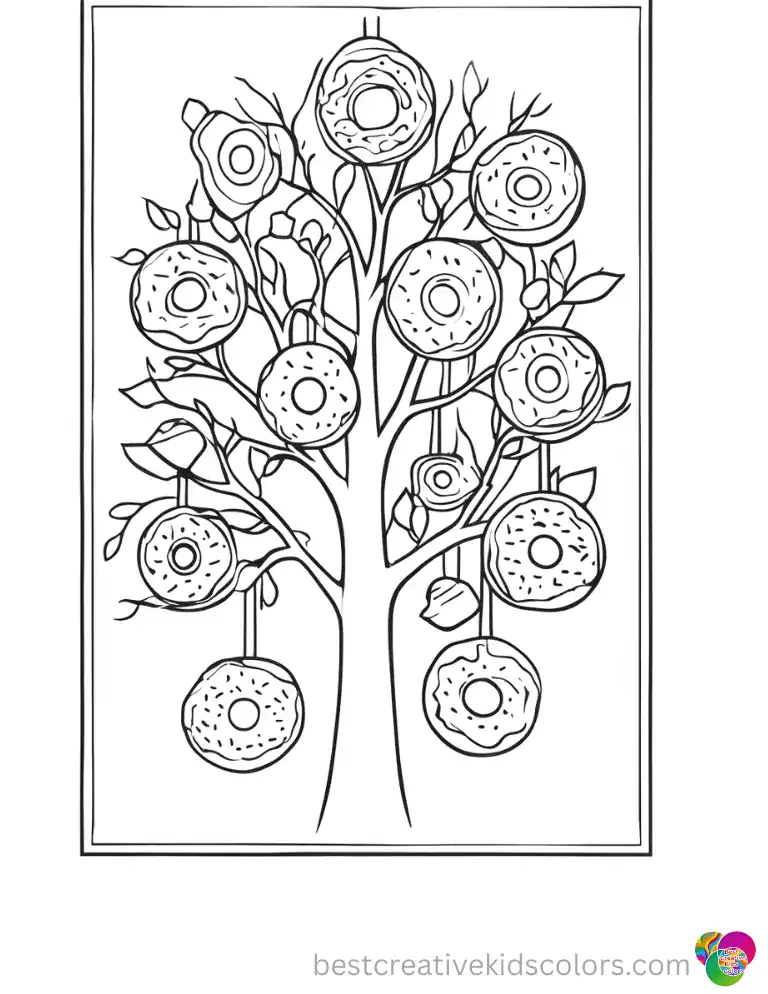 Find Sweet Donuts Coloring Sheets (Color Online) with pastries hanging from tree limbs.