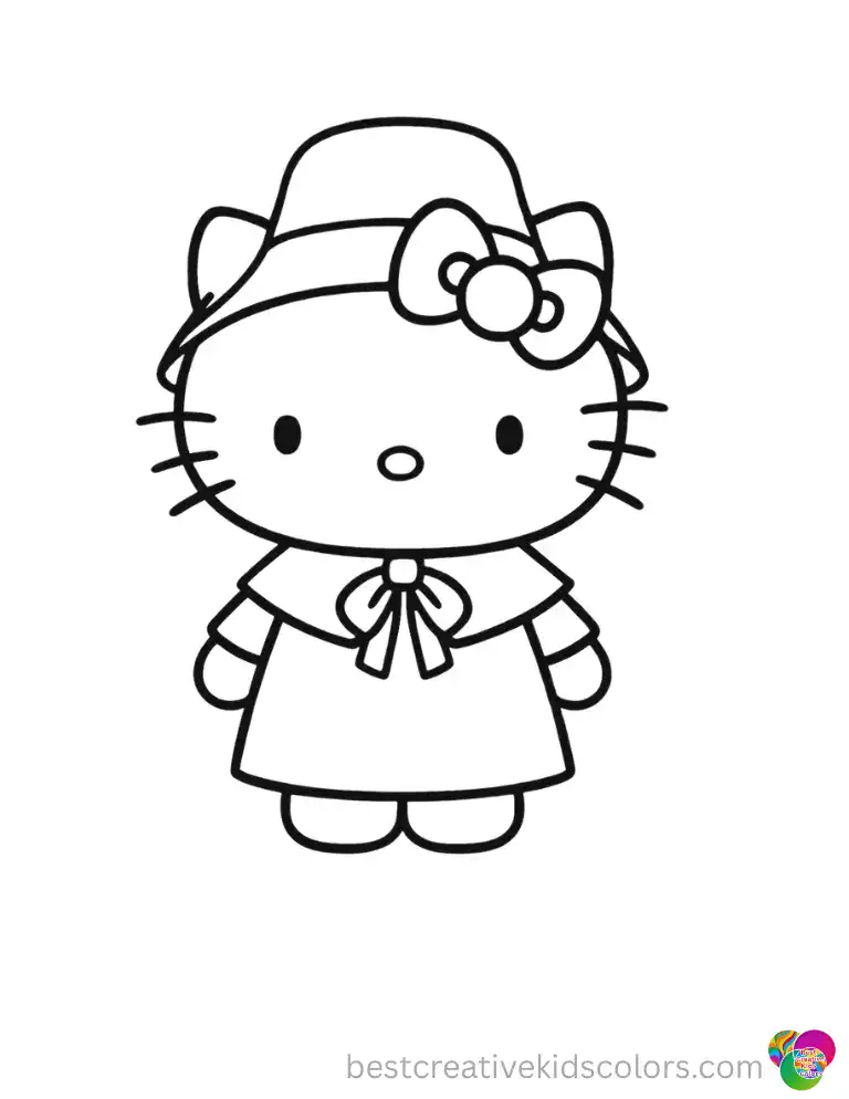 A wide white Pilgrim collar tied neatly around her neck makes Hello Kitty look very festive. Color her look free online.