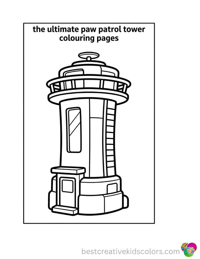 A neatly outlined Paw Patrol tower standing tall in the center of a blank page.