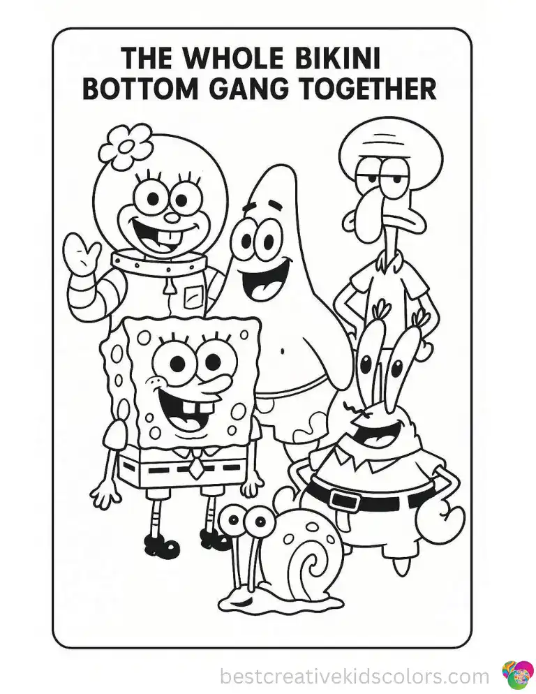 SpongeBob calls everyone together for a big group scene with the whole gang. Color each character with a different palette online, then download the full collection as a PDF.