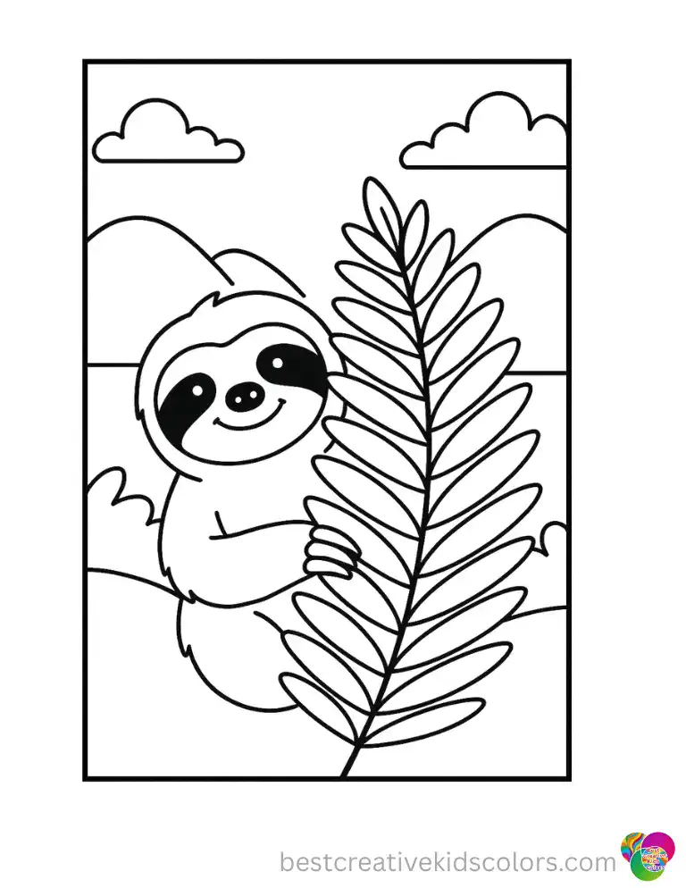 A three toed sloth peeks out from behind a giant fern in the misty highlands. Kids can print this page or color every leaf in Color Online.