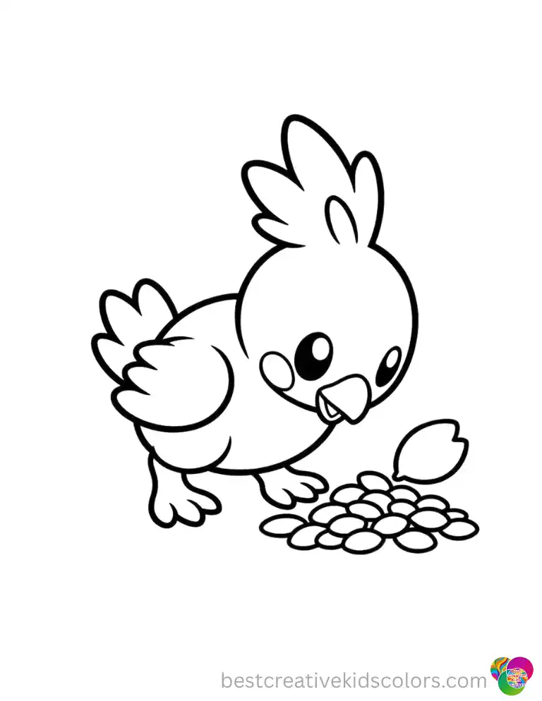 Torchic pecks happily at a small pile of seeds, with a single rose petal resting beside it.