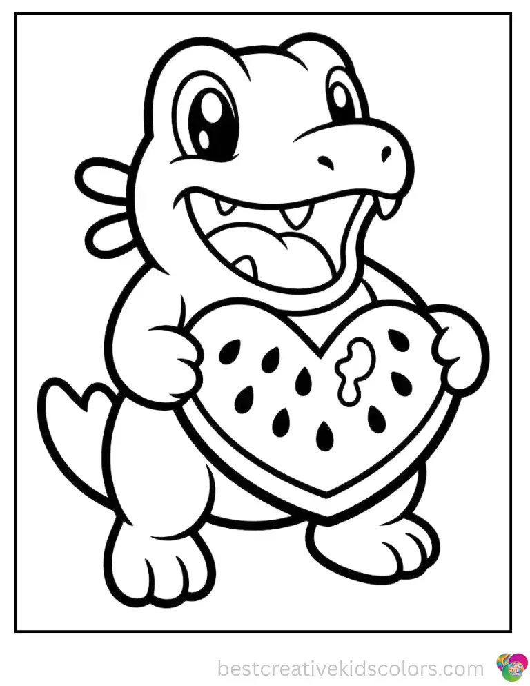 Totodile takes a big happy bite out of a watermelon slice cut into a heart shape.