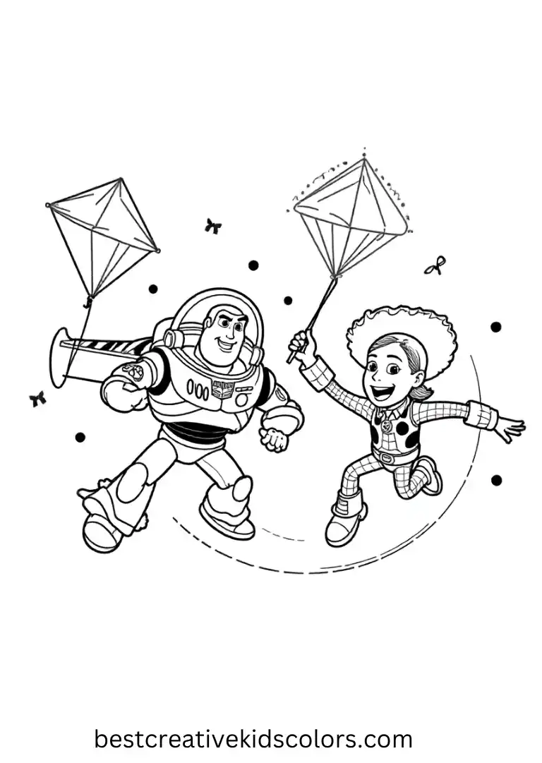 Help the duo race kites and clouds in simple outlines for kids.