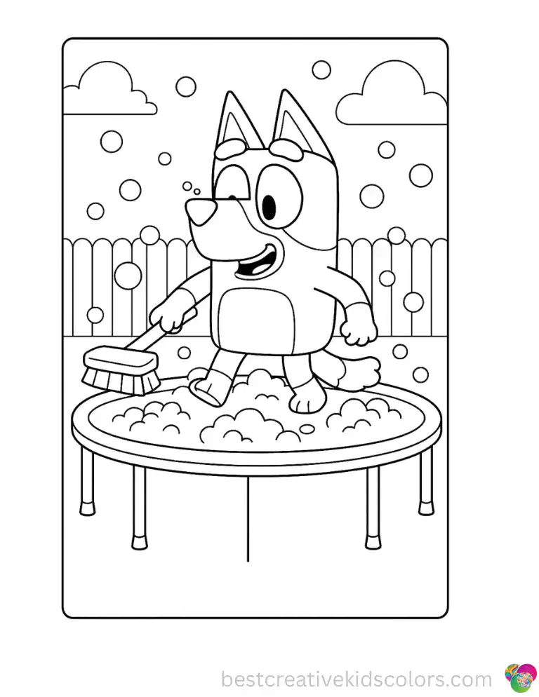 Soapy bubbles fly everywhere as Bluey scrubs the backyard trampoline with a big brush.