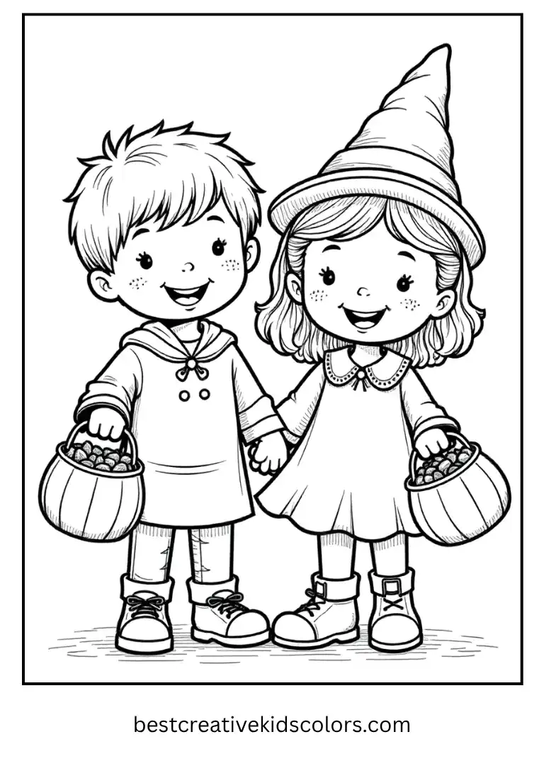 Trick or Treat Kids Halloween Coloring Page