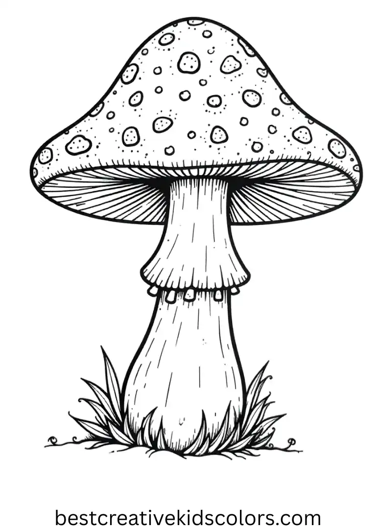 A mushroom with glowing cap patterns appears in trippy mushroom coloring page pdf.