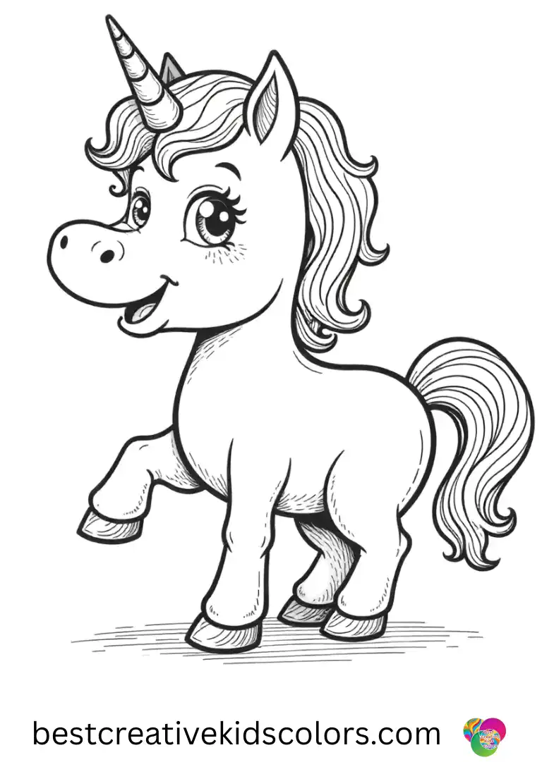 Kids can enjoy Unicorn drawing pictures featuring a playful unicorn sketching on a giant blank canvas.
